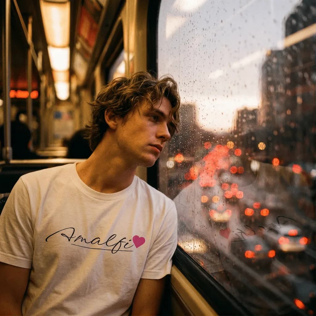 Man på spårvagn med t-shirt med Amalfi-tryck