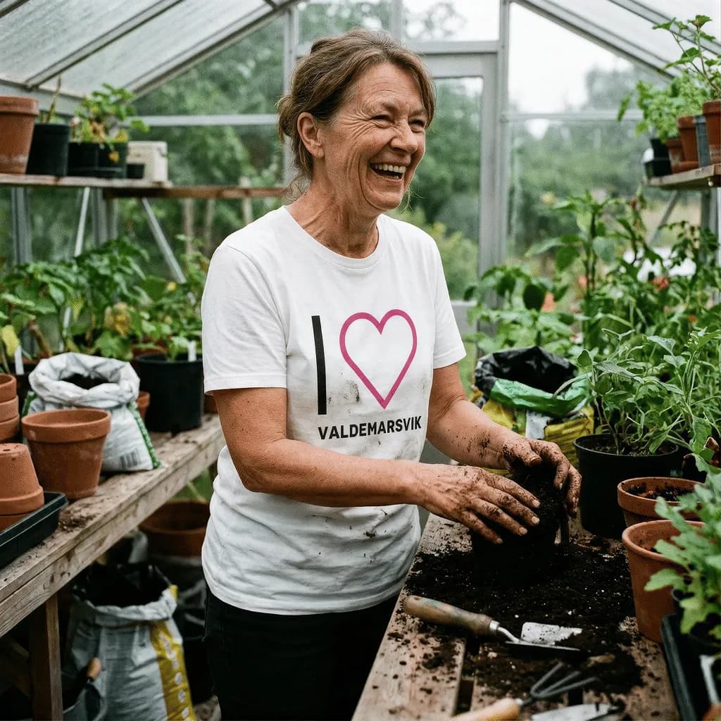 Kvinna i växthus med t-shirt med trycket I love Valdemarsvik